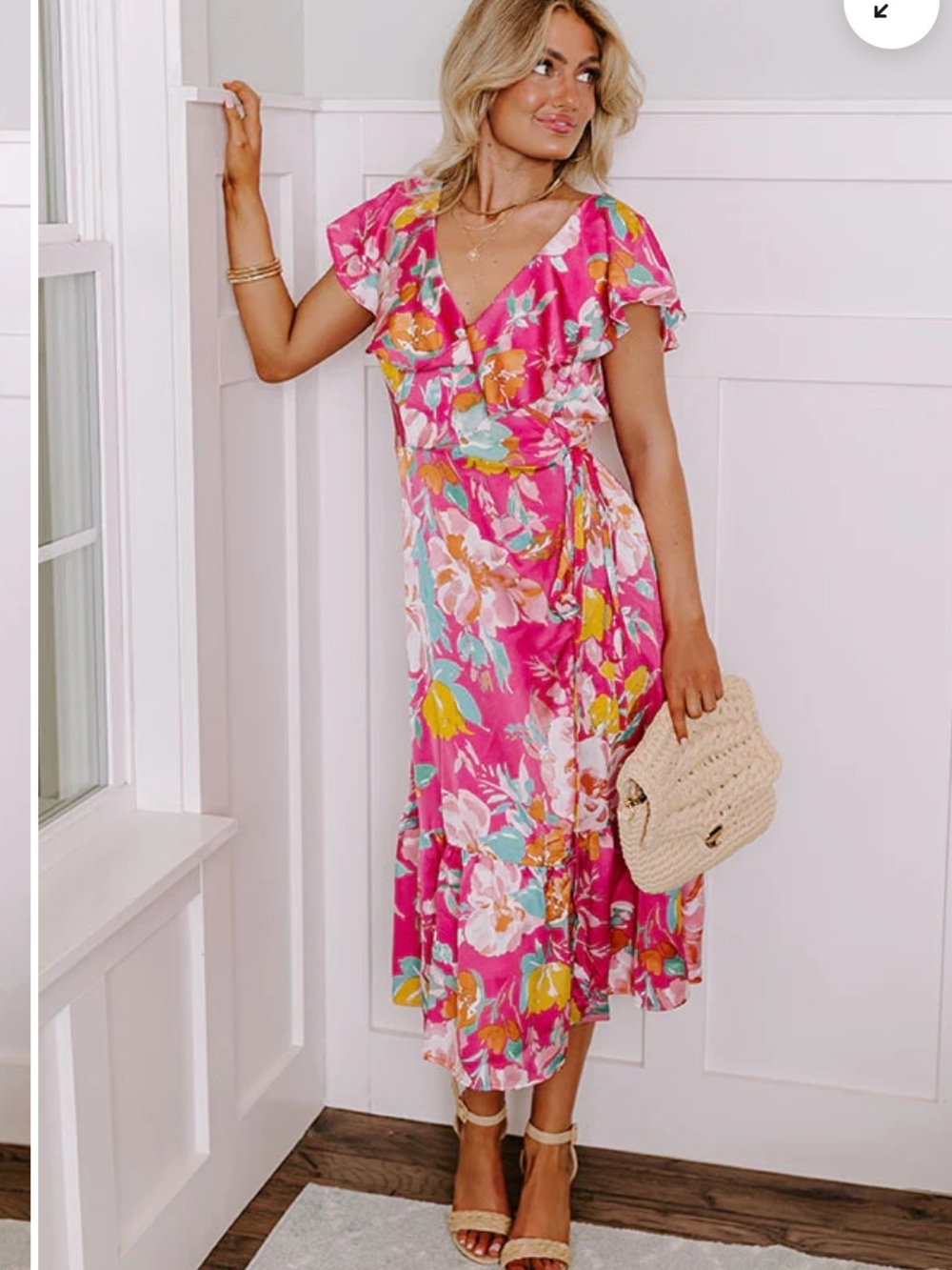Glimmer Of Hope Pink Floral Wrap Midi Dress with Ruffle Sleeves L